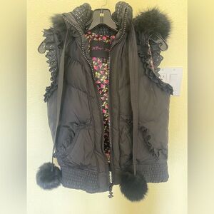 Betsey Johnson removable hooded vest with lace and pom poms .size Small